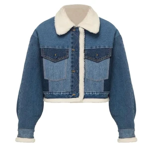 High Quality Woven Two Tone Denim Jacket Womens Fashion Warm Winter Breathable Outdoor Casual Fleece Lined Cropped Jacket