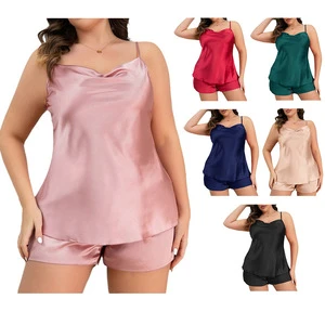 Women's Plus Size Summer Elegant Sexy Casual Two-Piece Set Satin Ice Silk Camisole Shorts Extra Wide Solid Breathable Soft