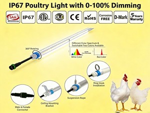 Chicken Coop Lighting T8 0-100% Dimming No Flicker Red+White Switchable IP67 4ft 5-Year Warranty 24W