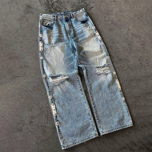 Men's Trendy Cool Korean-Style Slim Straight Jeans Customizable Beads Set with Casual Washed Denim Fabric