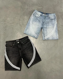 Men's Distressed Streetwear Hip Hop Denim Short Jean Shorts with Custom Embroidered Patches Logo Raw Hem Cut Edge Jorts