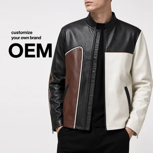 Men's Patchwork Faux Leather Jacket Contrast Color Biker Style Zip Up Casual Outerwear Streetwear Wholesale Supplier