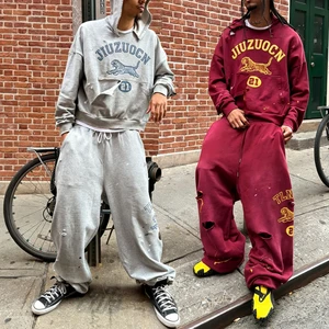 Custom Printed Unisex Tracksuit French Terry Plus Size Hoodie And Jogger Pants Casual Oversized Distressed Sweatsuit Set For Men