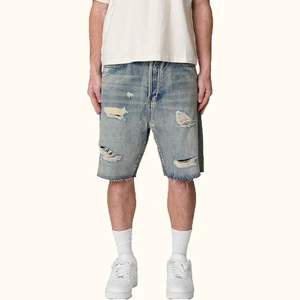 Summer New Arrival Loose Fit Retro Jeans Shorts Men Ripped Hole Fashion Short Raw Edge Wholesale Denim Shorts