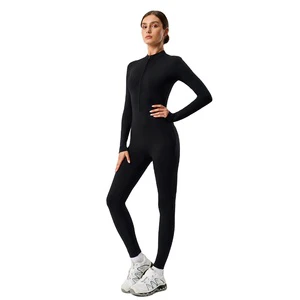 Women Breathable Four-Way Stretch Zip Front Long Sleeve Buttery Soft Sculpting Yoga Jumpsuit Butt Lift Pilates Bodysuit