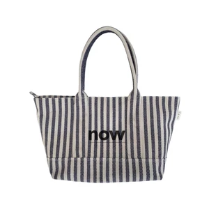 Navy Striped Canvas Tote Bag Nautical Beach Summer Bag Zipper Closure Cotton Woven Shoulder Shopping Bag Women