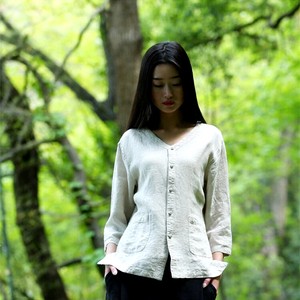 Women's Linen Coat with Long Sleeves V-Neck Tank Tops Solid Custom Crop Top Summer Style Sweet Design Available in Big Sizes