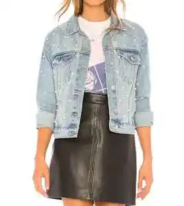 Customized Women Clothing Denim Jackets Ladies Pearl Jean Jacket Long Sleeve Women Denim Coats And Jackets