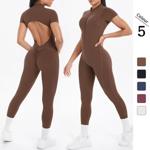 YS005 Women's Summer Casual Fitness Gym Running Bodysuit High Waist Zipper Jumpsuit Short Sleeves for Sports Worn Many Athletes