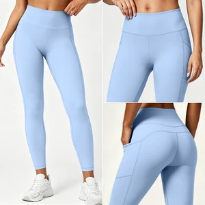 High Waist Butt Lifting Solid Yoga Leggings Tummy Control Full Length Sweat-Wicking Breathable Workout Pants Side Pockets
