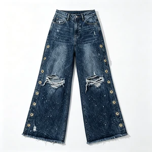 Women's High-Rise Wide Leg Destroyed Jeans Gold Grommet Heavy Acid Wash Ripped Denim Pants