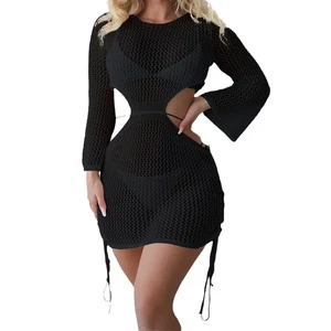 European American Women's Sexy Hollow-Out Woven Bikini Shirt Quick Dry Spandex/Polyester Sun Protection Beach Cover-Up for