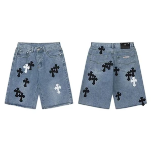 Women's Mid Waist Denim Shorts Light Blue Cotton Straight Leg Regular Fit Casual Summer Breathable Embroidered
