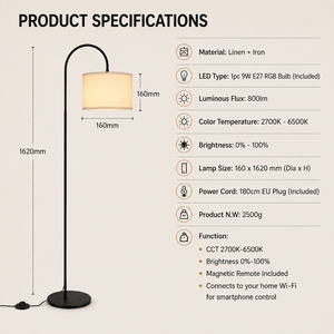 LED Floor Lamp Elegant Living Room & Bedroom Fabric Shade Floor Lamp, Minimalist RGB Ambient Lighting