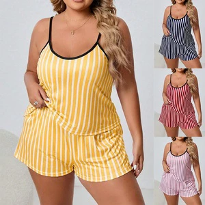 Lijia Summer Halter Top Shorts Oversized Chunky Women's Pajamas Large Size Striped Simple Sexy Breathable Comfortable