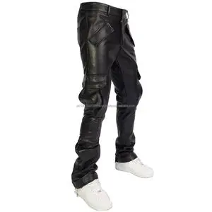 Men's New Faux Leather Stacked Flared Bell Bottom Pants Custom Motorcycle Hip Hop Style with Mid Waist Casual