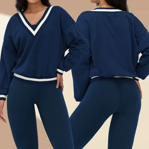 9307 Lined Color Contrast Sports Sweat V-neck Casual Loose Long Sleeve Polyester/Cotton Fashion Outdoor Running Top