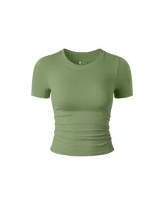 Direct Factory Sale Plus Size Women's Breathable Seamless Ribbed Yoga Top Short Sleeved Four Sided Elastic Round Neck Yoga Top