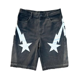 Custom Embroidered Logo Distressed Streetwear Denim Jean Shorts for Men Mid Waist Straight Raw Hem Cut Edge Casual Summer Jorts