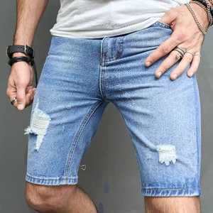 RNSHANEGR Summer Men's Hole Denim Shorts Fashion High Street Slim Fit Knee Length Jean Shorts Man Straight Denim Casual Shorts