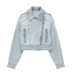 Women's New Style Stand Collar Denim Jackets for Fall Winter Black Blue with Striped Decoration Rivet Features Woven Breathable