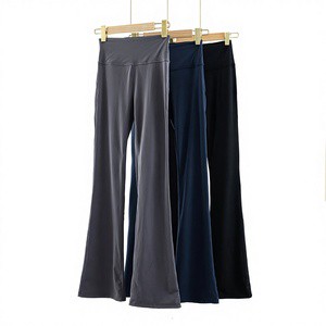 Yoga Super High Waist Flared Pants Elastic Slim-Fit Horseshoe Design Black Solid Plus Size Full Length Made Spandex/Nylon