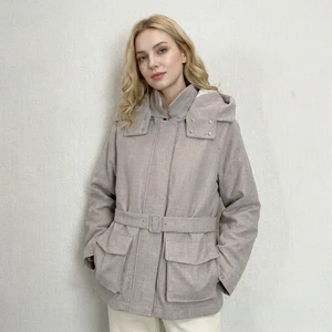 Autumn Vintage Trench Coat Women Khaki Long Casual V-Neck Crocheted Denim Polyester Sleeve Loose Fit Belt Quick Dry 80%