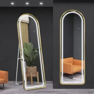 Custom Lighting Arched Floor-standing Aluminum Alloy Frame Silver LED Floor Mirror For Dressing Room Living Room Bathroom