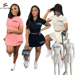 Conyson New Jogger Custom Design Lady Lapel Top Pleated Skirt Golf Sports Casual Cute Suit Elegant Two Piece Women Clothing Set