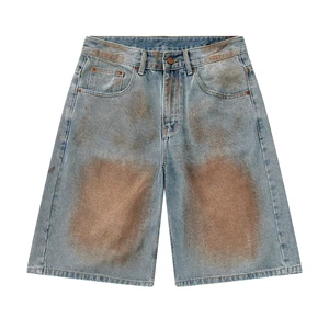Men's 5 Inch Loose Straight Denim Shorts, Non-Stretch Vintage Washed Distressed Dirty Wash Casual Streetwear Jean Shorts