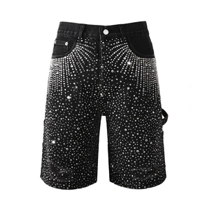 High Quality Custom Streetwear Men's Denim Shorts Straight Leg Hip Hop Style Vintage Washed Distressed Rhinestone Studded Shorts