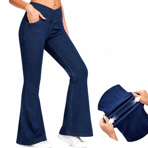 Low MOQ 4-Way Stretch Faux Denim Knitted Pants Pull On Leggings Yoga Gym Fitness Breathable Bootcut Flare Jeans For Women