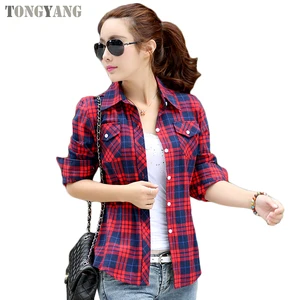 TONGYANG Women Fashion Plaid Cotton Casual Blouse Designs Long Sleeve Turn-down Collar Pocket Women Casual Tops Shirts
