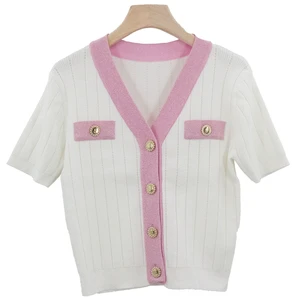 REGIT Women's Summer Elegant Slim Fit Short Sleeve V-Neck Button Cardigan Thin Ice Silk Striped Pattern Casual Knitted Top