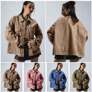 Women's Plain Button Front Drop Shoulder Denim Coat Casual Long Sleeve Collared Pocket Outerwear for Daily Wear Ladies Clothes
