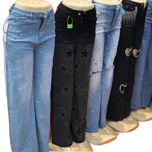 Foreign Trade Women's High Waist Loose Fit Summer Knitted Denim Casual Cargo Boyfriend Jeans Rhinestone Wrinkle-free