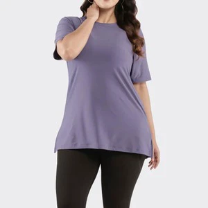 Oversized Plus Size Women's Solid Colour Short Sleeve O-Neck Knitted T-Shirt Casual Loose Fit Top Regular Length Purple