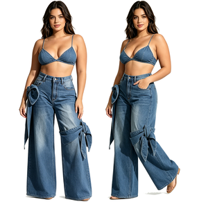 2026 New Elegant Bow-knot Patchwork High Waist Jeans Women Straight Wide Leg Denim Pants Chic Slimming Versatile Lady Jeans