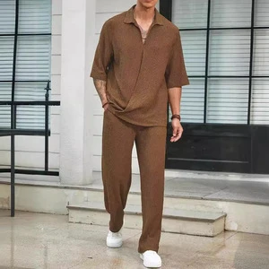 Men's Suit Casual Shirt 2025 Popular New Solid Color Short-sleeved Long-pants Two-piece Casual Suit