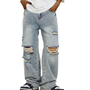 OEM Clothing Factory High Street Men's Eco-Friendly Breathable Plus Size Wide Leg Distressed Vintage Ripped Cargo Jeans Jeans
