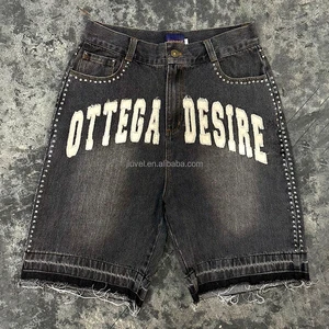 Custom Y2k Rhinestone Distressed Jorts Hommes Raw Hem Casual Applique Embroidery Baggy Men's Denim Shorts Manufacturer