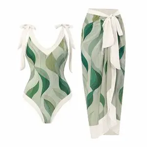 Eco Custom Design Swimwear Line Manufacturer Swimsuit Bikini Vintage One Piece Bathing Suit With Beach Sarong Cover Up For Women