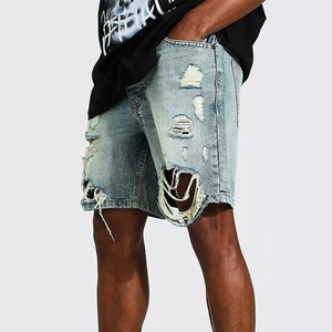 High Quality Men Summer Jean Shorts High Street Vintage Loose Fit Distressed Washed Ripped Men Denim Shorts