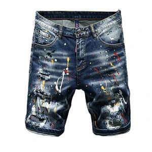 Hand-Painted Five-Point Paint Hole Patch Denim Shorts for Men