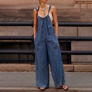 Fashionable Denim Jumpsuits and Rompers for Women Wide Leg Adjustable Straps Back Bandage Jeans Playsuits
