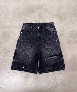 Custom Embroidered Patches Logo Manufacturer Raw Hem Cut Edge Distressed Streetwear Hip Hop Cargo Jean Shorts For Men