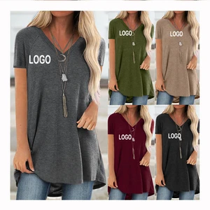Women's T-shirt Summer Plus Size Tee Basic T Shirt Women Solid V Neck Short Sleeve Long Casual Women Tops Loose Tee Shirt Femme