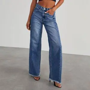 2026 New Women's Spring Mid Waist for Wash Loose Fit Casual Simple Wide Leg Denim Jeans