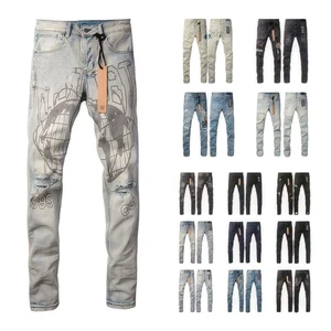 Custom Men's Graphic Print Jeans Y2K Streetwear Distressed Ripped Denim Pants Global Earth Map Hip Hop Straight Trousers
