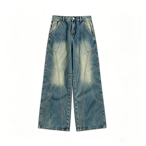 Men's Wide Leg Denim Jeans with Contrast Stitching Vintage Wash Loose Fit Trousers for Streetwear Fashion Brands